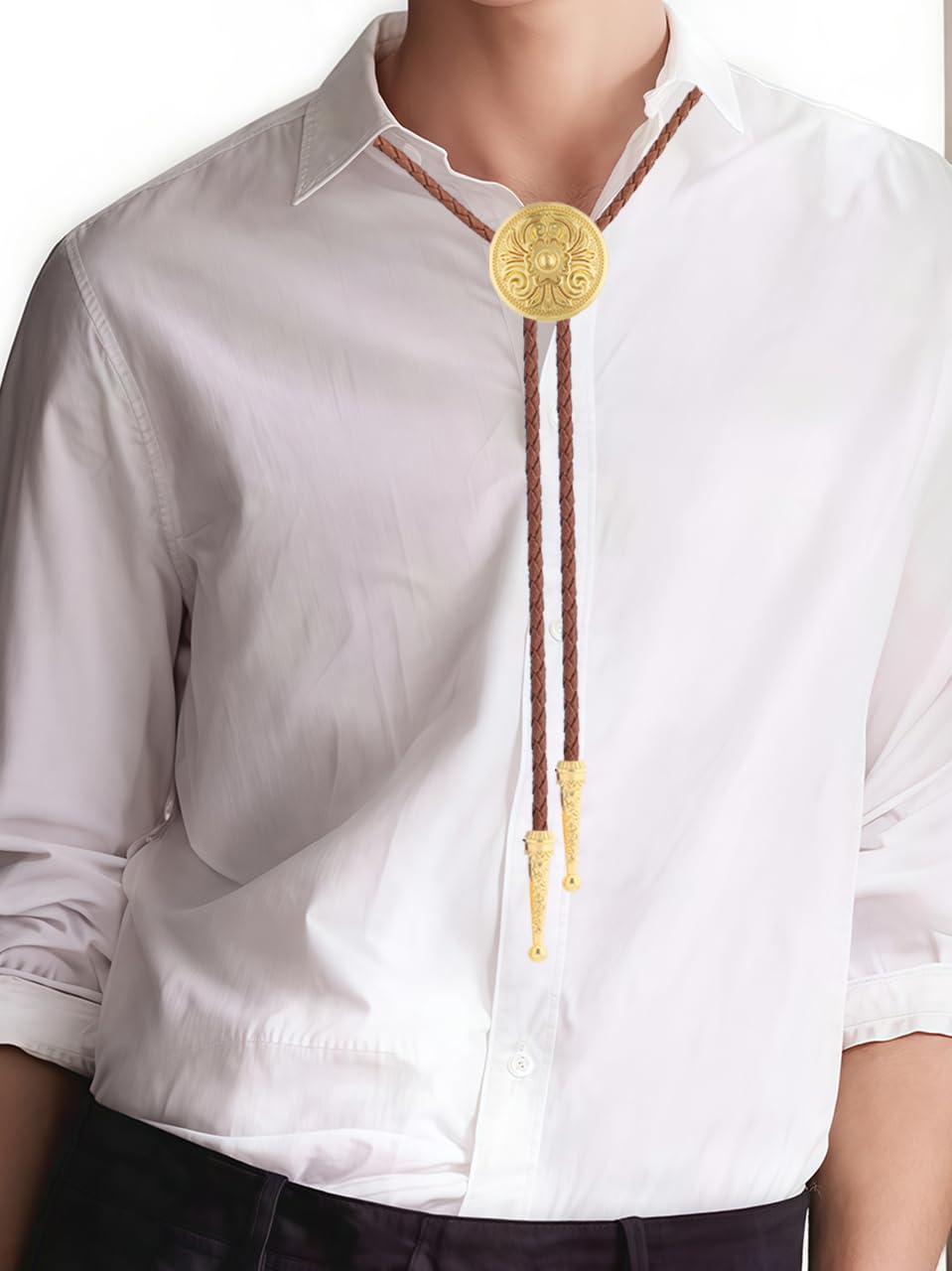 GelConnie Gold Bolo Tie for Women Brown Bolo Tie for Men Western Bolero Ties Flower Rodeo Cowboy Leather Necktie