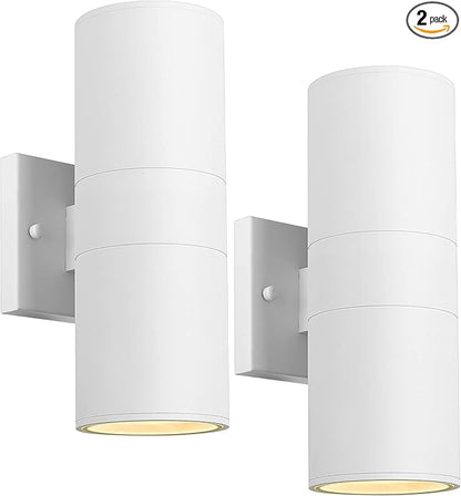 Ken & Ricky White Outdoor Wall Lights,Exterior Sconces Wall Lighting with Tempered Glass Cover,Cylinder Outside Light for House Porch Garage Front Door - 2 Pack