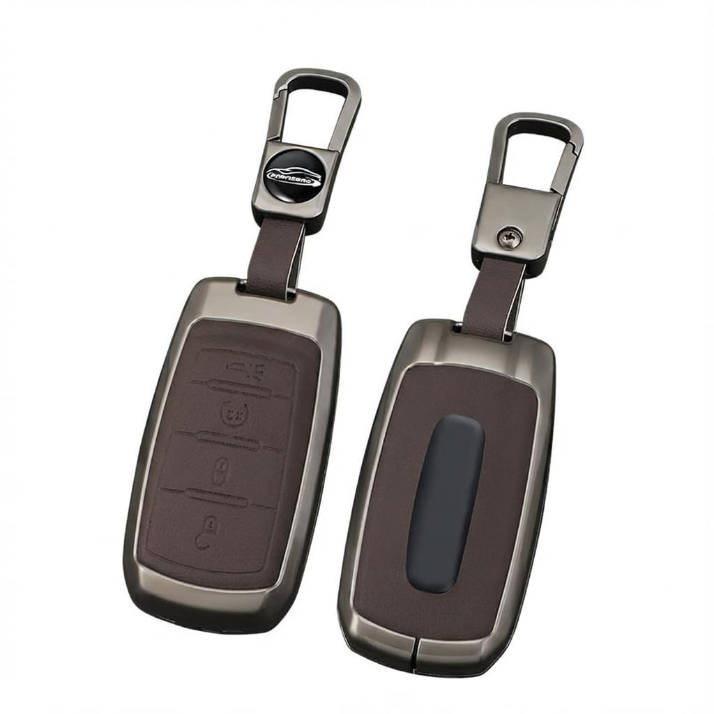 Zinc Alloy Car Key Fob Cover Compatible with 2019-2025 RAM 1500 2500 3500, Metal & Leather Remote Key Case Protector, Full Coverage Hard Shell Holder with Keychain Accessories (B-4-btns-Brown)