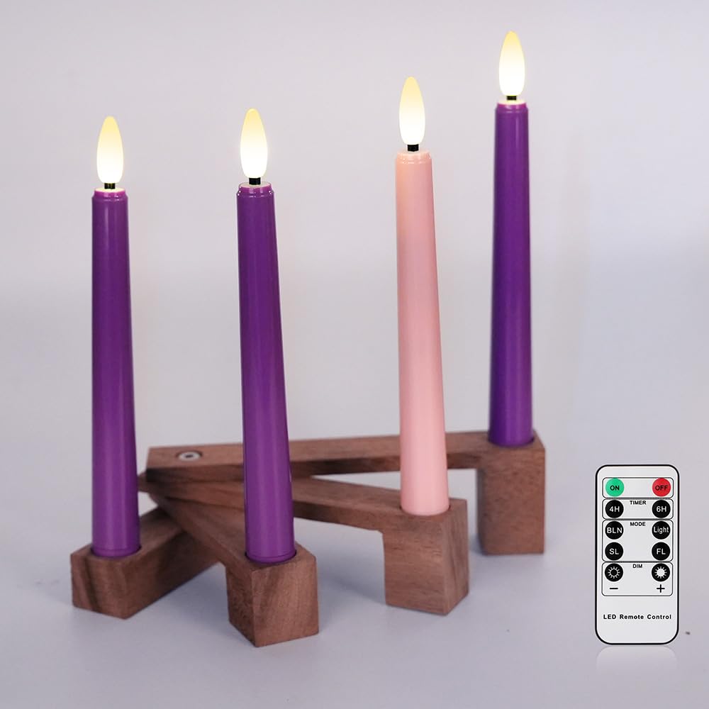 FPOO Flameless Advent Candles with Wooden Candle Holder, Advent Candles Battery Operated 3 Purple and 1 Pink LED candlesticks for Advent Decoration (4 Packs)