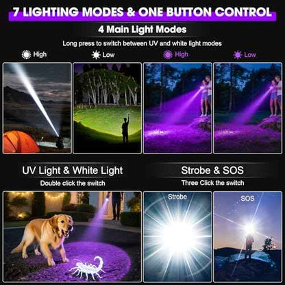 2-in-1 365nm UV Flashlight & High Lumens LED Flashlight, 7 Modes, 18H Runtime, Waterproof, 6 LED Rechargeable Black Light for Pet Urine Detection, Curing Resin, Outdoor Emergencies, Scorpion Hunting