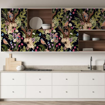 Peel and Stick Wallpaper Deer Skull, Boho Floral Wallpaper DIY Decor, 17.7"¡¿118"