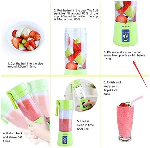 Portable, Personal Mixer Rechargeable with USB, Mini Blender for Smoothie, Fruit Juice, Milk Shakes, 380ml, Six 3D Blades for, 9.12x3.25x3.25 inch, Green
