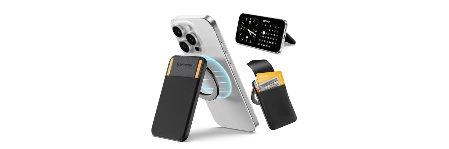 Sinjimoru for MagSafe Wallet, Adjustable Stand with Compact Magnetic Wallet 3000G Secure Flap Cover Fits iPhone Series Top Access Type M-Flap Stand Black