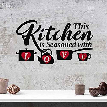 Kitchen Funny Quotes Wall Decals, This Kitchen is Seasoned with Love Family Love Words Red Hart Wall Decor for Dining Room Kitchenware Decoration Vinyl Wall Sticker for Restaurant Cafe
