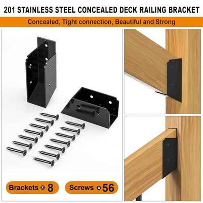 30¡Æ Stair Angle Stainless Steel Deck Railing Brackets Connectors for 2"x4" (Actual 1.5"x3.5") Railing Wood Post Stair Fence Railing Connectors with Coated Wood Screws,(8 Pair/Black)