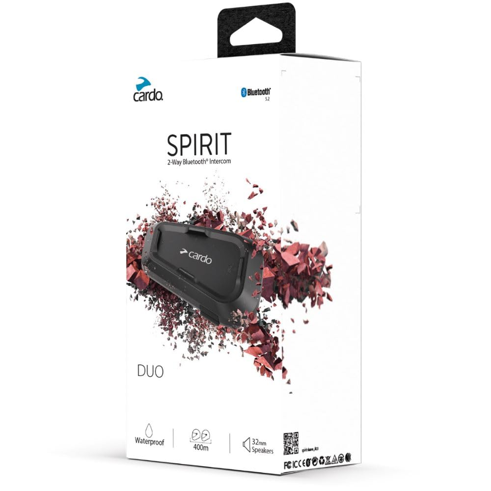 Cardo Systems Spirit Motorcycle Bluetooth Communication Headset, 2-Way Bluetooth, Thin 32mm Speakers, Waterproof, Universal Connectivity - Single Pack
