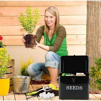 Seed Storage Organizer, T-Shape Compartment Seed Box with Safety Lock, Metal Seed Saving Box, Portable Seed Bin Container with Handle, Including 2 Pens 20 Plant Labels 50 Seed Envelopes-Black