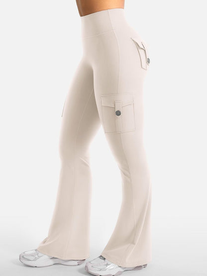YEOREO CoreFlex Women Workout Flare Leggings with Pockets Hidden Scrunch High Waisted Cargo Gym Yoga Leggings Light Khaki M