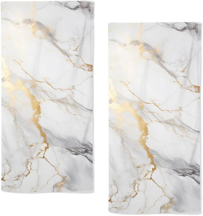 Marble Hand Towels Highly Absorbent White and Gold Marbling Bathroom Kitchen