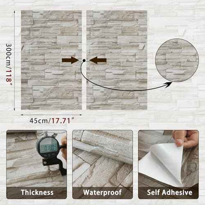 ConCus-T Brick Wallpaper Peel and Stick Wallpaper 17.7" x 118" Faux Stone Wallpaper Brick Contact Paper Self-Adhesive Removable Decorative Wall Paper for Wall Kitchen Backsplash