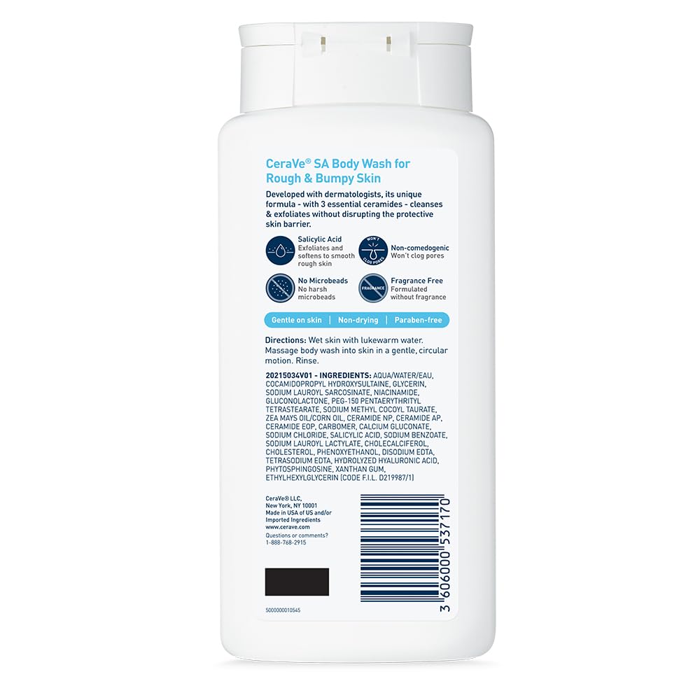 CeraVe Body Wash with Salicylic Acid, Fragrance Free Body Wash to Exfoliate Rough and Bumpy Skin, Allergy Tested, 10 Ounce