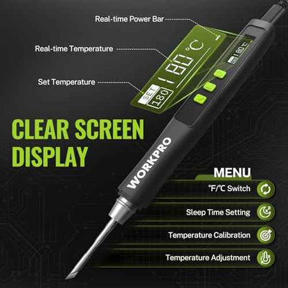 WORKPRO DC Soldering Iron Kit, Fast Heating Soldering Iron Pen with 3 Tips, Portable Lightweight Solder Iron for Electronics, Metal, DIY, Accurate Temp Control, OLED Screen Display, PD/QC Protocols
