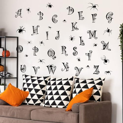 Black Alphabet Spider Web Wall Sticker Halloween Spider Wall Decals Peel and Stick Alphabet Letters for Wall Halloween Decoration for School Home Office Party Supplies Decor