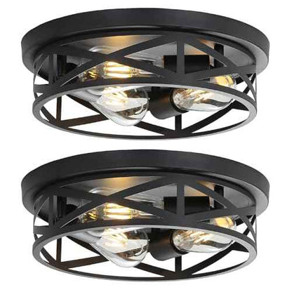 13 Inch Close to Ceiling Light Fixtures 2 Pack, 3-Lights Farmhouse Flush Mount Ceiling Light, Black Indoor Metal Cage Semi Flush Mount Ceiling Light for House Hallway Kitchen Bedroom