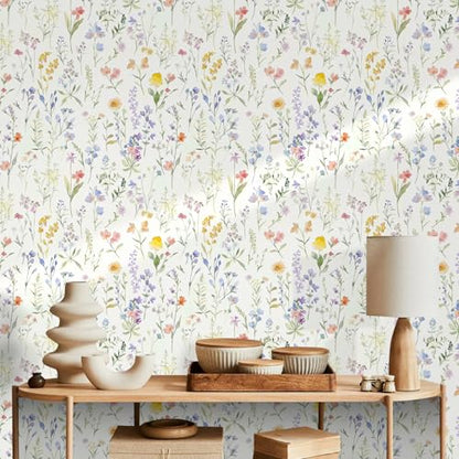 Floral Peel and Stick Wallpaper Boho Contact Paper Flower Leaf Removable Self Adhesive Waterproof Wall paper for Bathroom Bedroom Nursery Wildflower Botanical Thickened Vinyl Roll 17.32inW 118.11inL