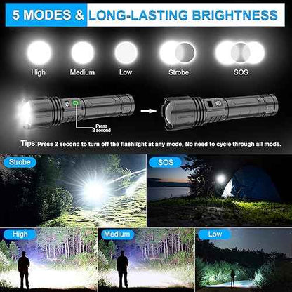 Rechargeable LED Flashlights High Lumens, High Lumens & 1500 Meters Super Bright Rechargeable Tactical Flashlight with 5 Modes,Waterproof,Powerful Handheld Flash Light for Camping