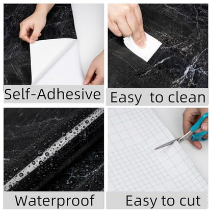 Anmon Black Marble Contact Paper, Glossy Black Marble Wallpaper Waterproof 15.7''X118'' for Countertops, Self-Adhesive Removable Vinyl Wallpaper Thicken and Not Tearing for Cabinets, Kitchen