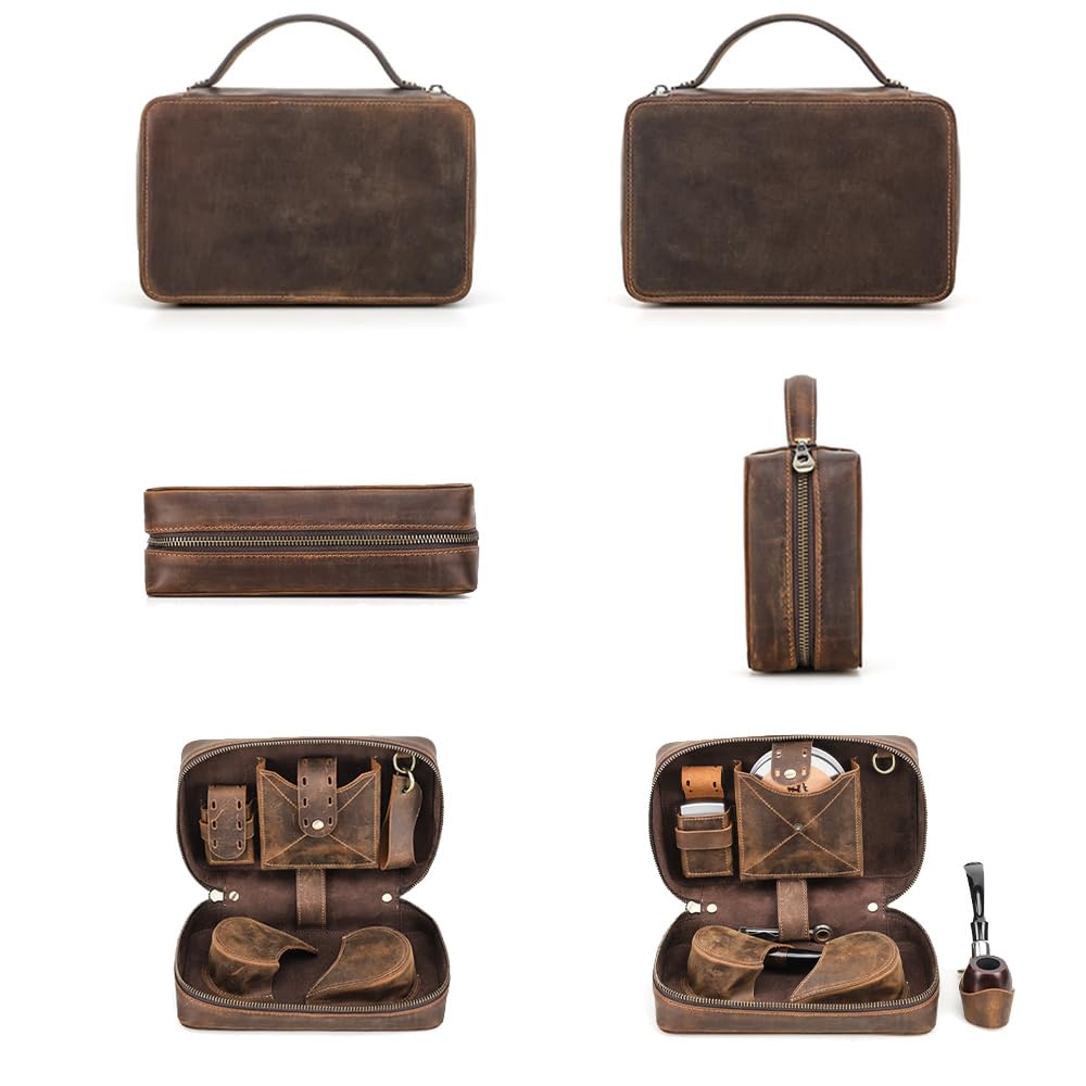 CONTACTS Pipe Tobacco Pouch with Pipe Stand Full Grain Leather Tobacco Pipe Accessories Bag Handmade Travel Organizer for 2 Pipes, Lighter, Cigarette