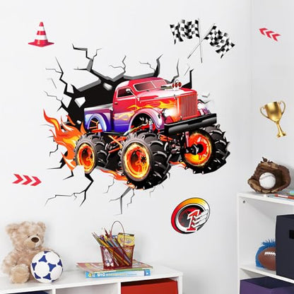 Supzone 3D Racing Car Wall Decals for Boys Room, Fast Racing Truck Break Through The Wall Vinyl Wall Sticker for Kids Room Nursery Playroom Classroom