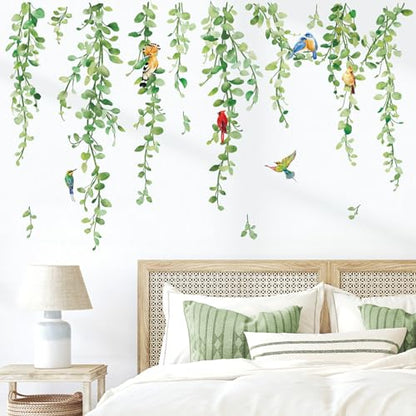 wondever Hanging Vines Wall Stickers Plants Green Leaves Birds Peel and Stick Wall Art Decals for Living Room Bedroom Sofa TV Background Office
