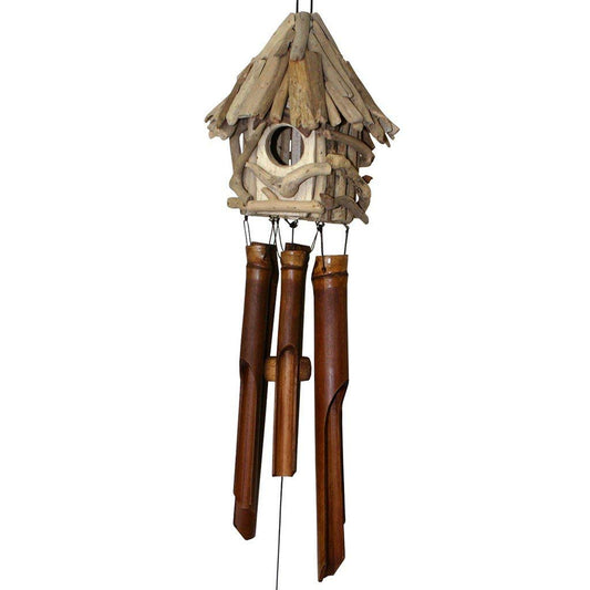 Wind Chime Bird Handcrafted Wooden Bamboo Driftwood Bird House Outdoor Garden Decor Unique Gift Idea
