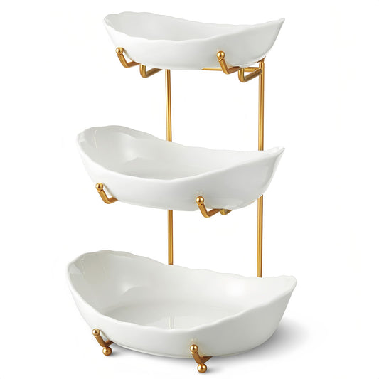 HOMKULA Ceramic Fruit Bowl for Kitchen Counter - 3 Tier Fruit Basket with Metal Stand, Tiered Fruit Stand for Countertop, Snack, Nuts, Cake, Dessert, Cute (Gold, Small) 1