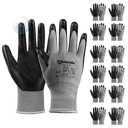 ANDANDA 12 Pairs Work Gloves, Smart Touch, 3D Comfort Stretch Fit, Nitrile Coated, Men Work Gloves with Grip, Seamless Knit Nylon, Suitable for Warehousing, Logistics, Handling, Black£¨L£©