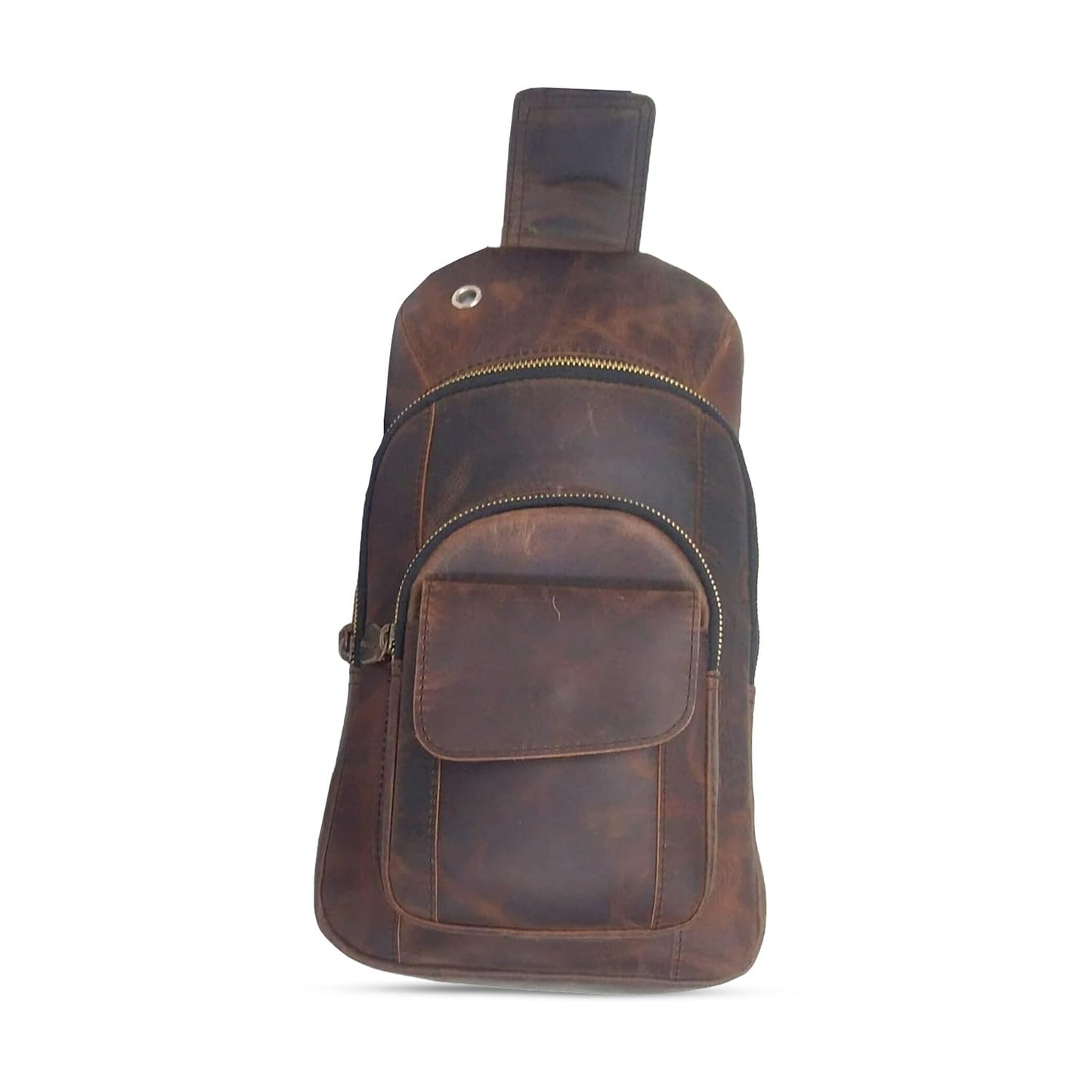 The Tannery Handmade Buffalo Leather Multipurpose Travel Hiking Crossbody Chest Backpack with Adjustable Shoulder Strap, Thanks Giving (Dark Brown, Large)