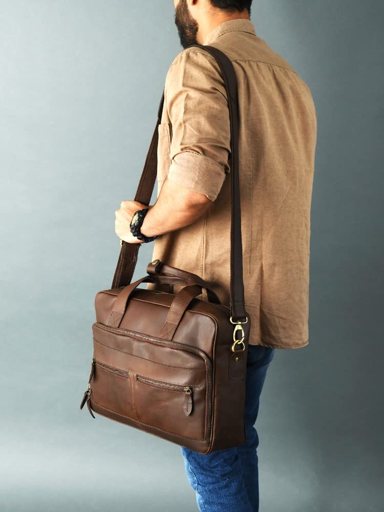 Gratlin Full Grain Buffalo Leather Briefcase For Men | Handcrafted Genuine Leather Messenger Bag for Men & Women | Brown Leather Laptop Bag for Men | Best Leather Bag Satchel Computer Case in 16 Inch