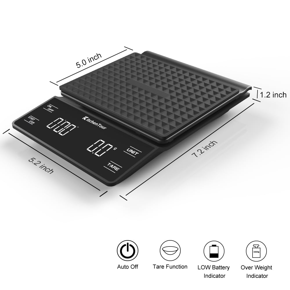 KitchenTour Coffee Scale with Timer 3kg/0.1g High Precision Pour Over Drip Espresso Scale with Back-Lit LCD Display (Batteries Included)