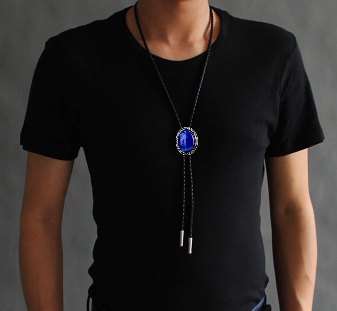 Moranse Bolo Tie with Natural Tiger Eye Stone Celtic Style Genuine and Cowhide Rope(Tiger Eyes 4 Style)