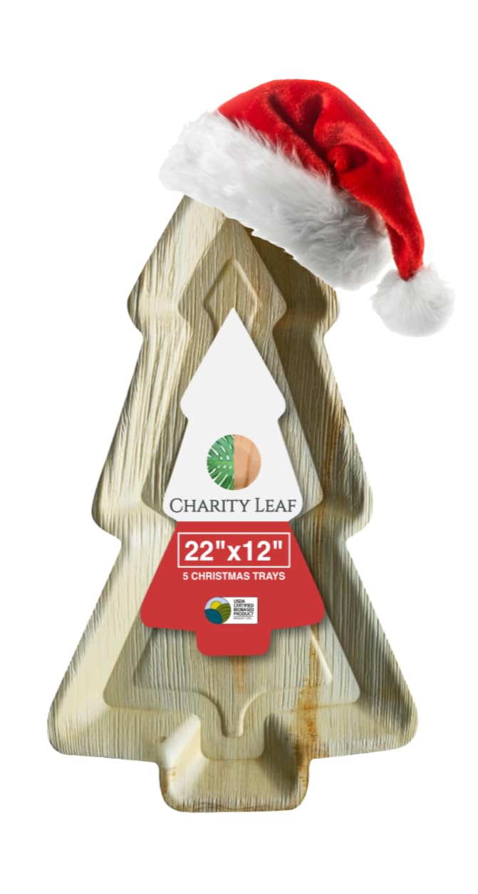 Charity Leaf Disposable Palm Leaf 22"x12" Christmas Plates (5 pieces) Bamboo Like Serving Platters, Disposable Boards, Eco-Friendly Dinnerware For Christmas, Weddings, Catering, Events