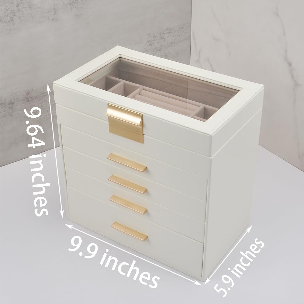 GYJOYERO Jewelry Box with Glass Lid 5 Layers Jewelry Orangizer Women Girls PU Leather Jewellery Hold Storage Large Case 4 Drawers big Jewelry Display GY822 (White)