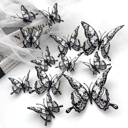 12Pcs Halloween Wall Decor 3D Self-Adhesive Skull Butterfly Wall Stickers Double Layer Black Skeleton Butterflies Designs Gothic Wall Decorations for Indoor Outdoor Halloween Party Atmosphere Supplies