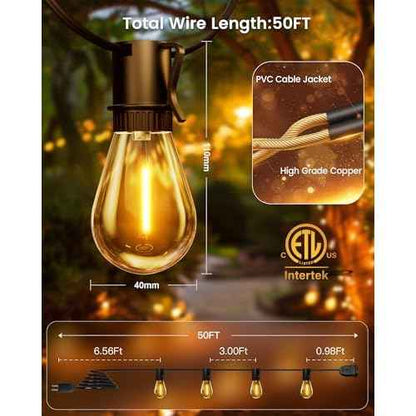Torkase 50FT Outdoor String Lights LED, S14 Shatterproof Bulbs (15+1), Waterproof Dimmable Patio Lights for Backyard, Porch, Garden - Connectable Commercial Grade