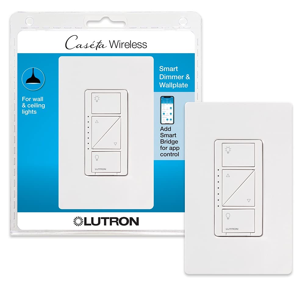 Lutron Caseta Original Smart Dimmer Switch With Wallplate (Lutron Smart Hub Required), for LED Lights, 150 Watt, Single-Pole/3-Way, No Neutral Required, PDW-6WCL-WH-A, White