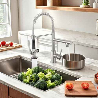 Commercial Kitchen Faucet with Pull Down Sprayer, Stainless Steel Kitchen Sink Faucet with Deck Plate, Single Handle Spring Kitchen Faucets (Brush Nickel)