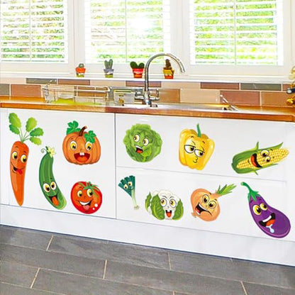 Cartoon Kitchen Vegetable Wall Stickers DIY Green Vegetables Onion Pumpkin Fruit Wall Decals Art Refrigerator Door Stickers for Kitchen Window Restaurant Fridge Dining Room Decor
