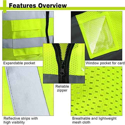 JaGely 12 Pack Reflective Safety Vests with Pockets, High Visibility Mesh Construction Vest for Men Women, Neon Yellow, Size L