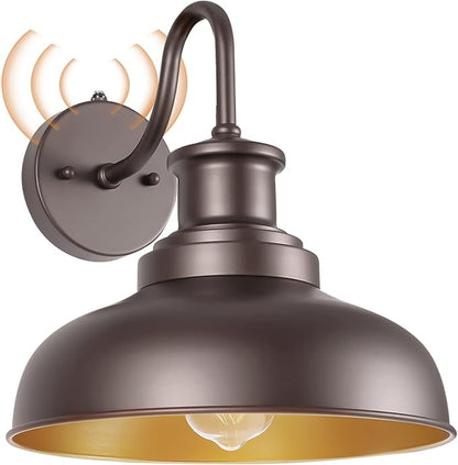 Dusk to Dawn Outdoor Gooseneck Barn Light Outdoor Wall Sconce Farmhouse Exterior Wall Mount Lights Vintage Outside Lighting Fixture Industrial Bronze Lantern for Porch Garage Shed Patio, 1 Pack