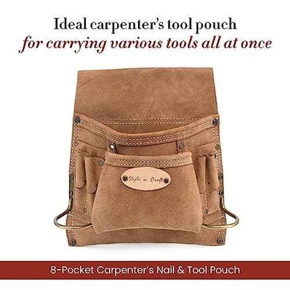 Style n Craft 8-Pocket Carpenter¡¯s Nail and Tool Pouch, Heavy-Duty Suede Leather Tool Pouch, Dark Tan (88823)