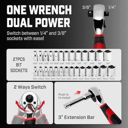 53-Piece Socket Ratchet Wrench Set, with 20-In-1 Ratcheting Screwdriver & 2-in-1 Adjustable Wrench for Garage, Auto Repair, Household Backyard & College Dorm