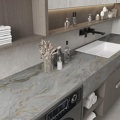 CHIHUT 12¡±x100¡± Gold Grey Matte Marble Contact Paper for Countertops Waterproof Peel and Stick Countertops Marble Wallpaper for Bathroom Self Adhesive Contact Paper for Kitchen Backsplash Cabinets