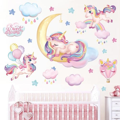 wondever Rainbow Unicorn Wall Stickers Sleeping Unicorn Balloons Sweet Dream Moon Wall Art Decals for Girls Room Baby Nursery Kids Bedroom