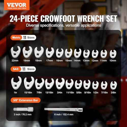 VEVOR 3/8" Drive Crowfoot Wrench Set with 2 Extension Bars, SAE 3/8"-1" and Metric 10-22 mm, CR-MO Steel Crowfoot Wrench Set, 24-Piece Crows Foot Wrench Set,with EVA Tool Organizer