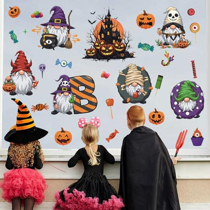 Halloween Gnome Window Clings,Cute Gnome Window Sticker,Pumpkin Bat Wall Decals,Haunted House Spooky Wall Sticker,Halloween Candy Witch Boo Ghost Decals,Pumpkin Cling for Glass Home Party Room