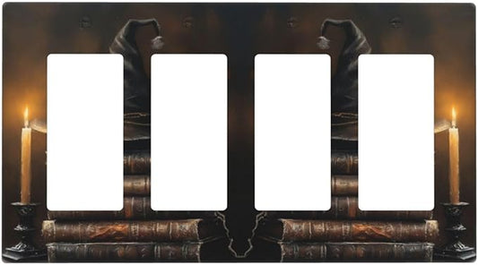 Decorative Art Light Switch Covers Wizard’s Hat & Spellbooks 4 Gang Rocker Decora Outlet Covers Electrical Faceplate GFCI Wall Plate for Home Decor