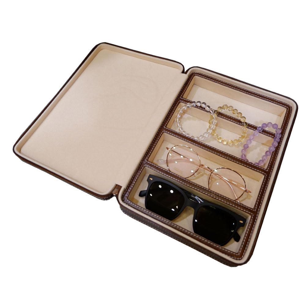 Beaufort 4 Slots PU Leather Eyeglasses Storage Box Sunglasses Box Jewelry Display Case Watch Box for Women Men(4GL-Coffee brown)