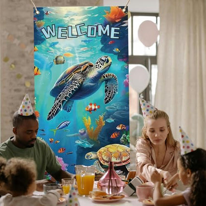 arricraft 1 Pc Welcome Theme Turtle Door Cover, Summer Beach Door Banner Nautical Porch Banner Ocean Animal Party Decorations Polyester Sign for Party Supplies 35.4x72.8 inch(90x185cm)